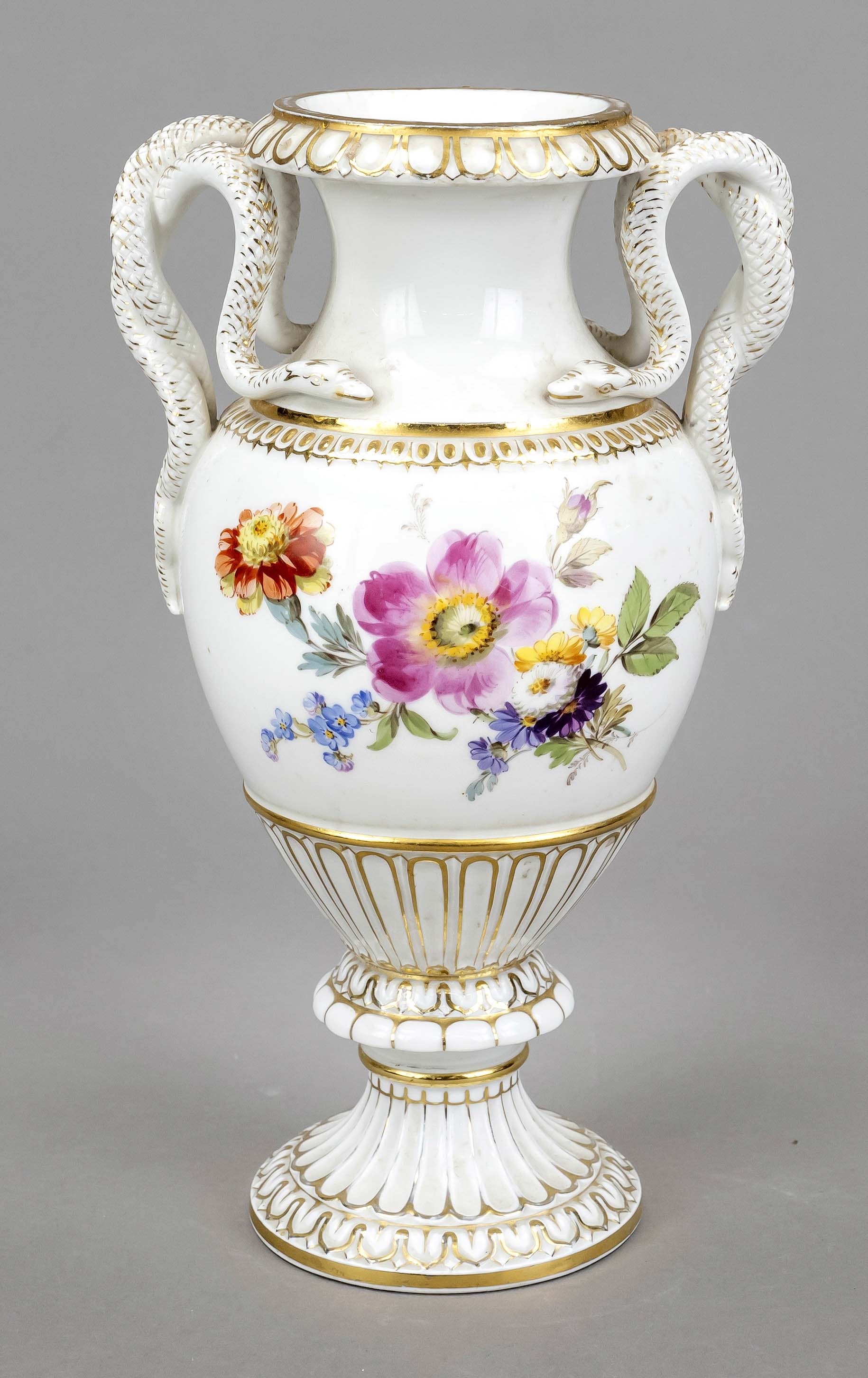 Snake-handled vase, Meissen, mark 1850-1924, 1st choice, amphora form with side handles in the shape