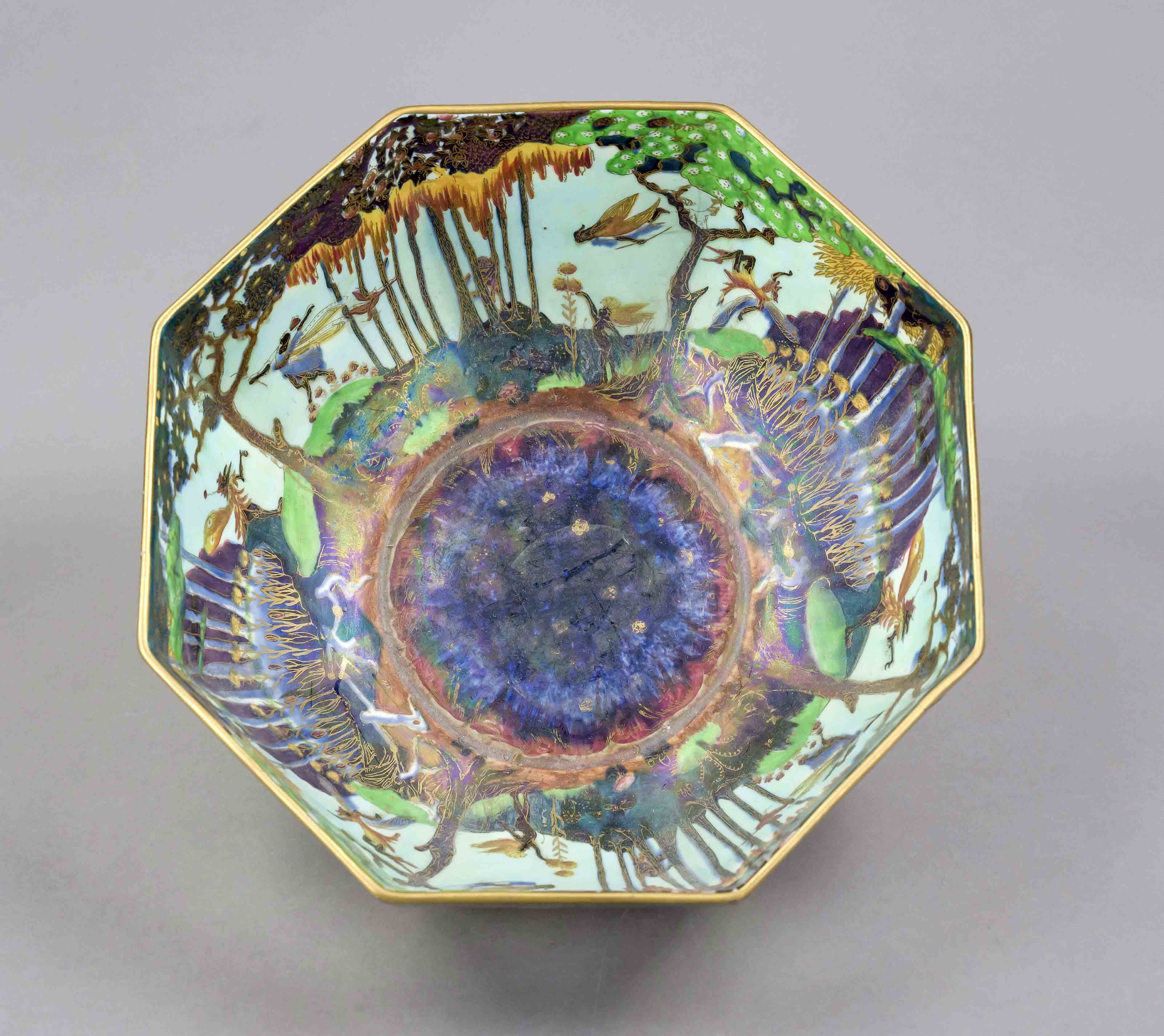 Large rare bowl, Wedgewood Fairyland, c. 1920, octagonal form, polychrome decoration, designed by - Image 2 of 3