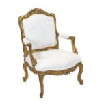 Louis Quinze style armchair, 19th century, carved and gilded beech wood, backrest with rocaille