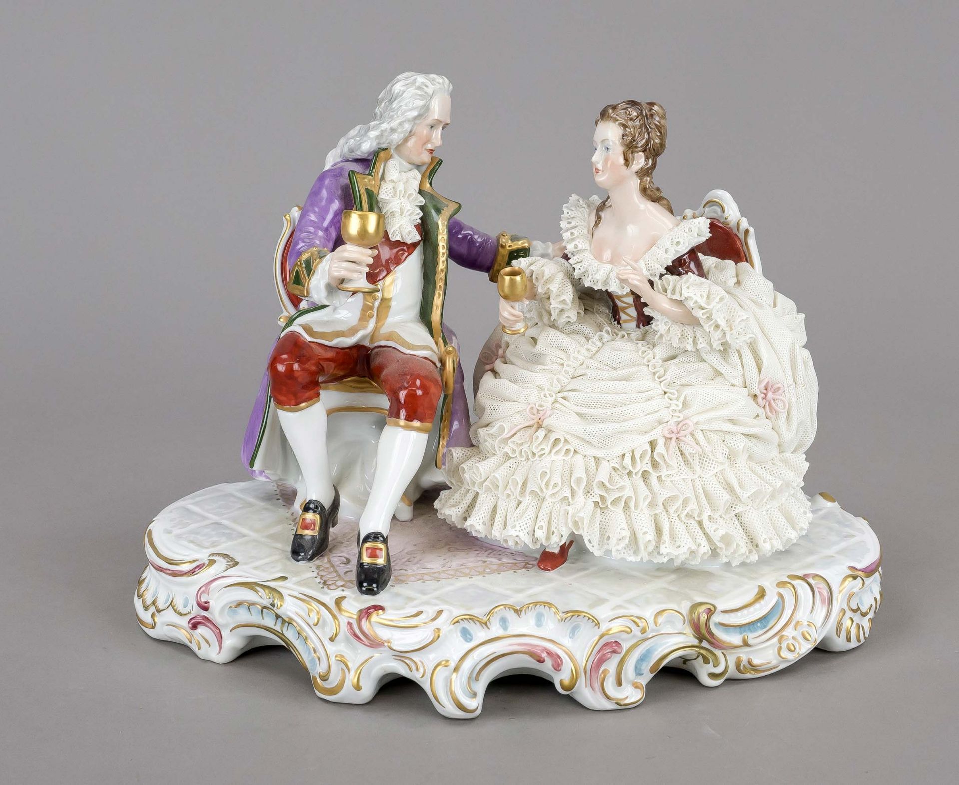 Gallant couple, Unterweissbach, Thuringia, 20th century, gallant gentleman and elegant lady in