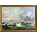 Unidentified 19th century marine painter, very large seascape with steam sailer and other ships in