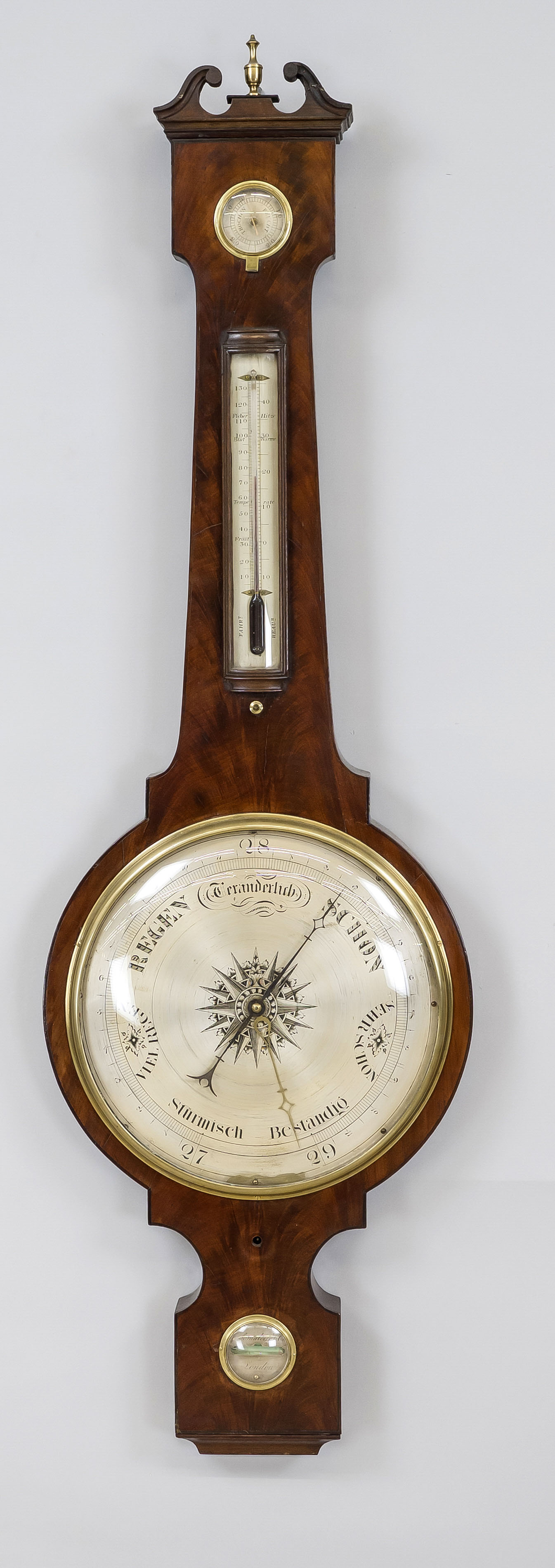 Large weather station for the wall, probably England, late 19th century, mahogany veneer. Curved