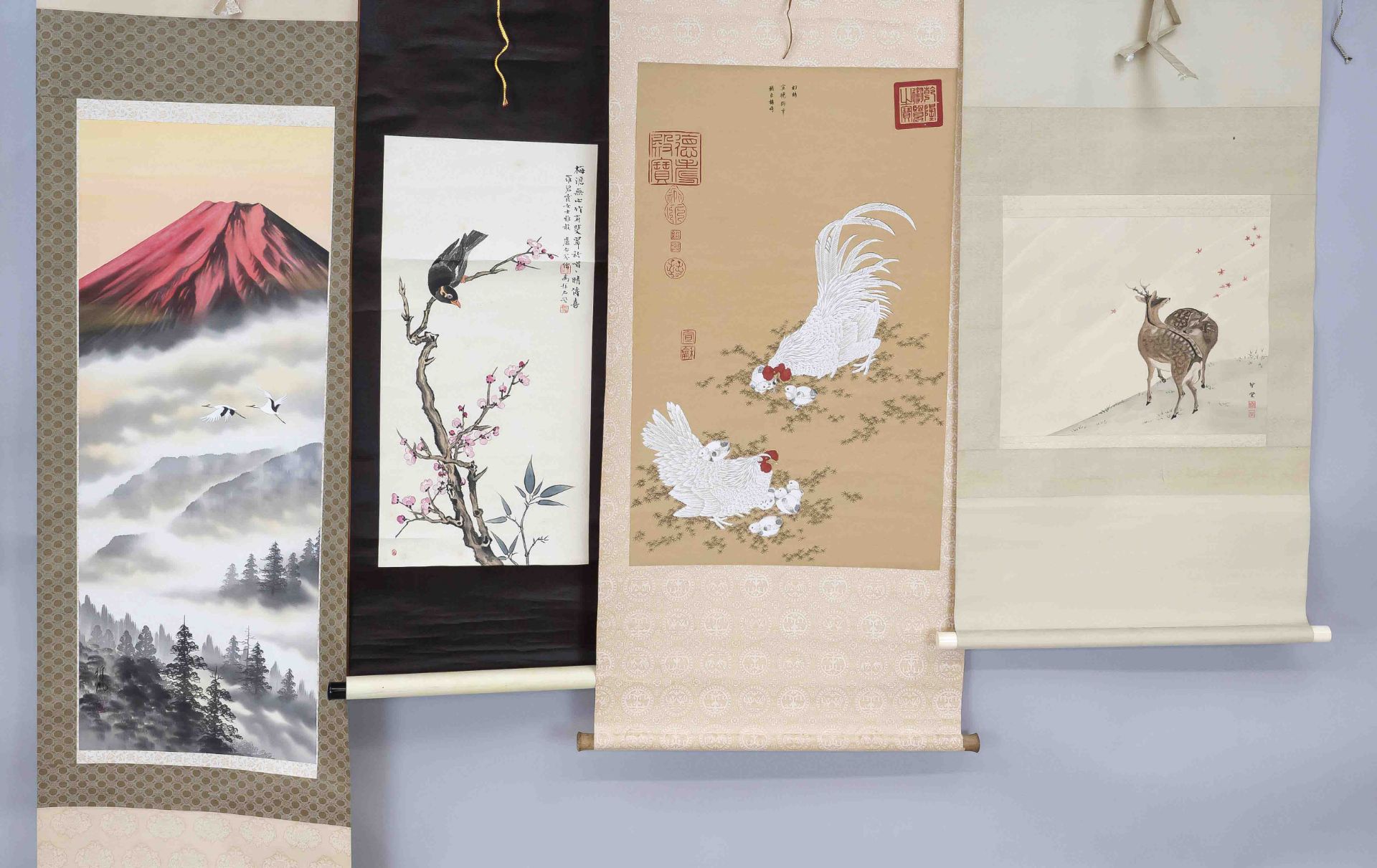 4 scrolls, Japan and China 20th century, silk and paper, bumped and rubbed, width up to 64 cm