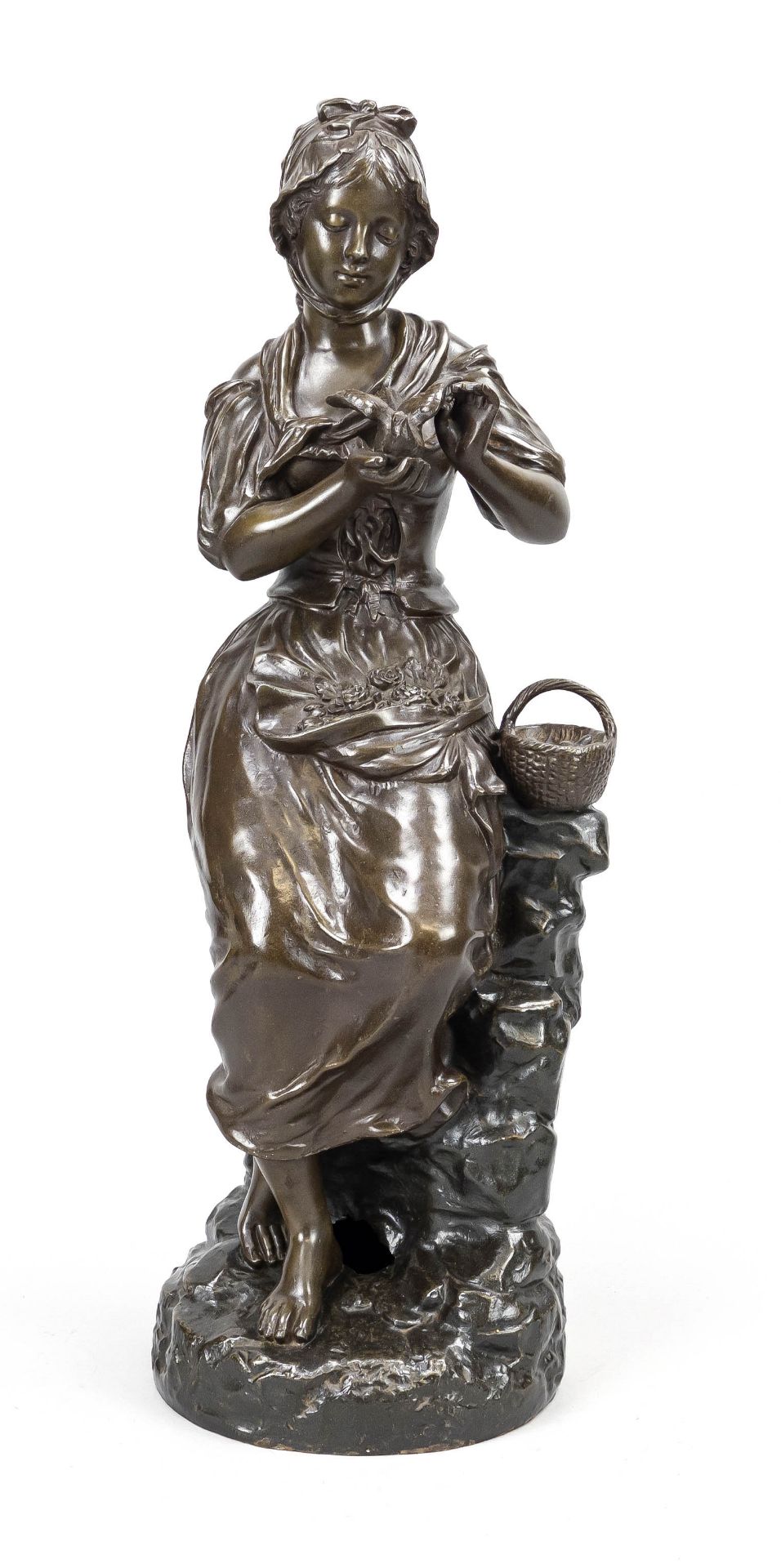 Charles Octave Levy (1840-1899), Woman with dove, brown pat. cast metal, signed, hole in base, h. 55