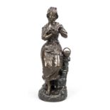 Charles Octave Levy (1840-1899), Woman with dove, brown pat. cast metal, signed, hole in base, h. 55