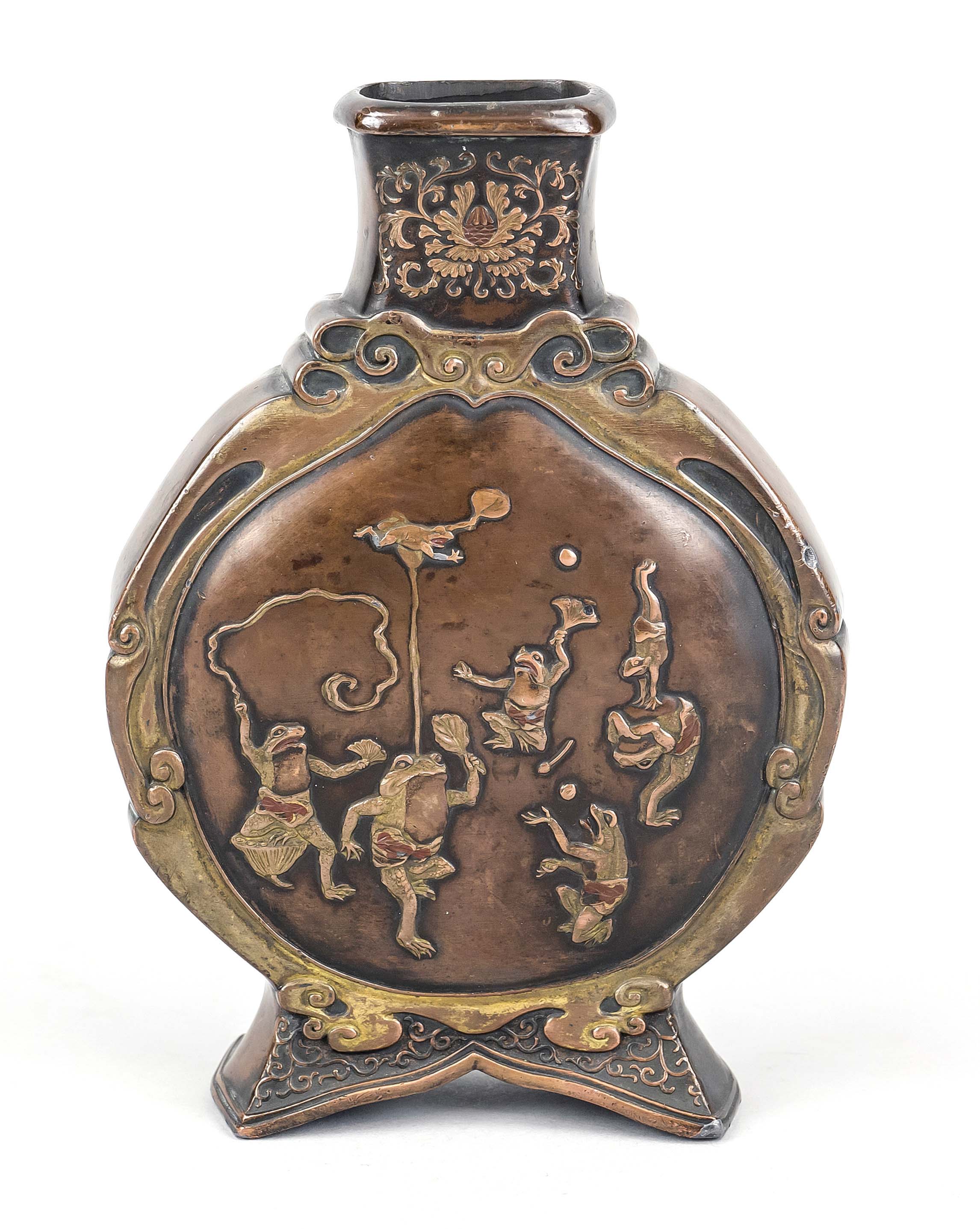 Moon flask vase with relief decoration, Japan late 19th century (Meiji), bronze. Amusing relief