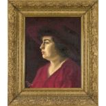 M. Steuer, 1st half 20th century, Portrait of a woman in red with a wide-brimmed hat, oil on canvas,