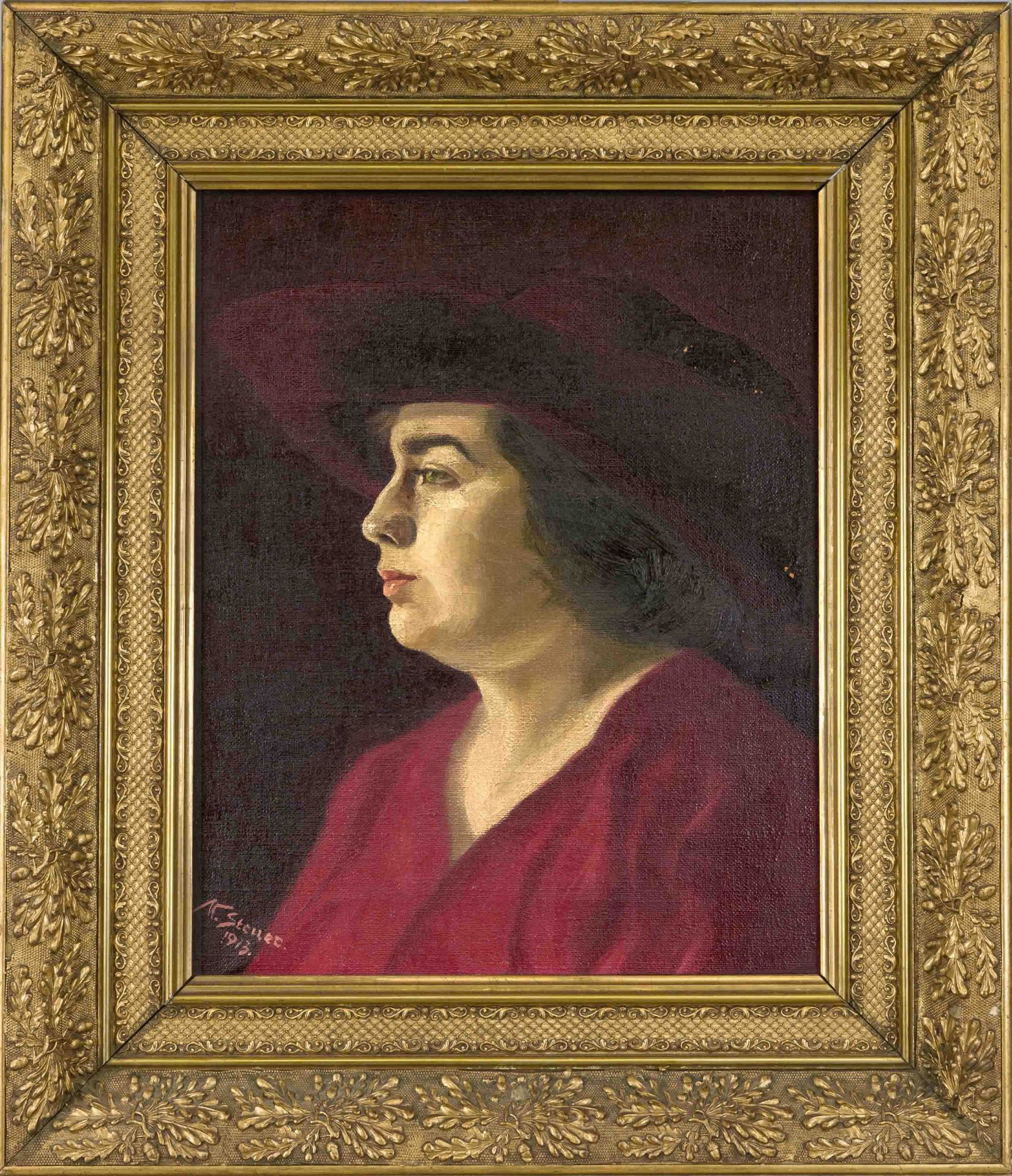 M. Steuer, 1st half 20th century, Portrait of a woman in red with a wide-brimmed hat, oil on canvas,