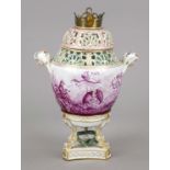 Potpouri lidded vase, Carl Thieme zu Potschappel, c. 1900, on a triangular plinth, surmounted by 3