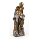 signed Ailez, sculptor c. 1900, sculpture of a naked young man sitting on a rock, brown painted