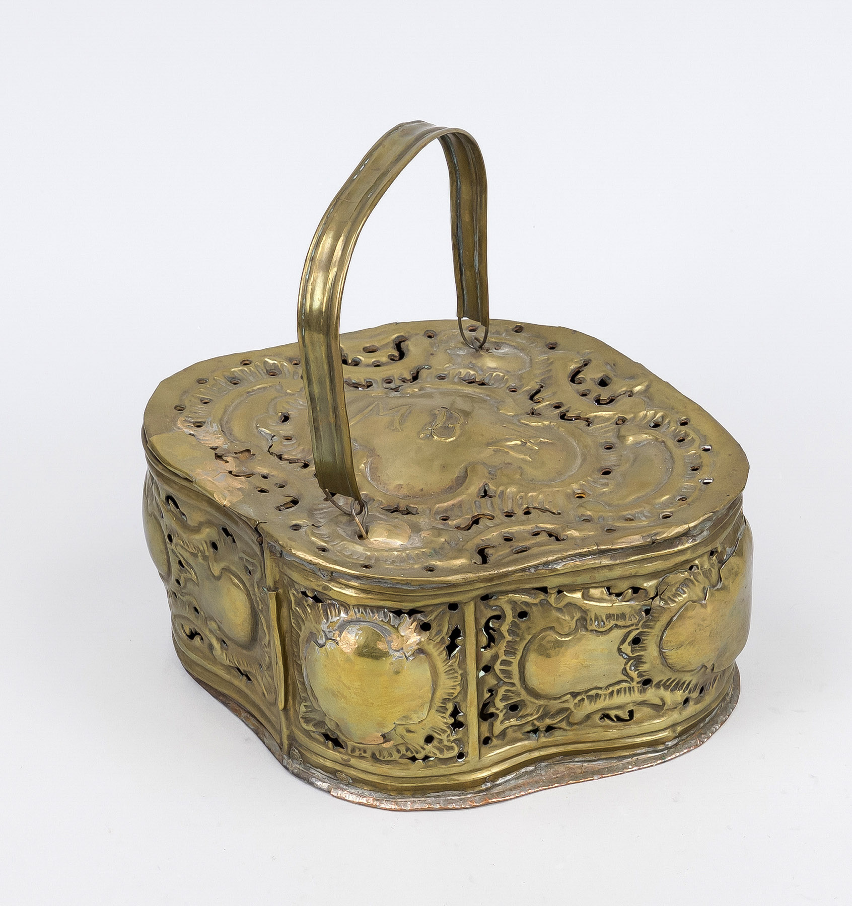 Baroque fire bowl, 18th century, sheet brass, sheet iron base, curved oval form with rocaille