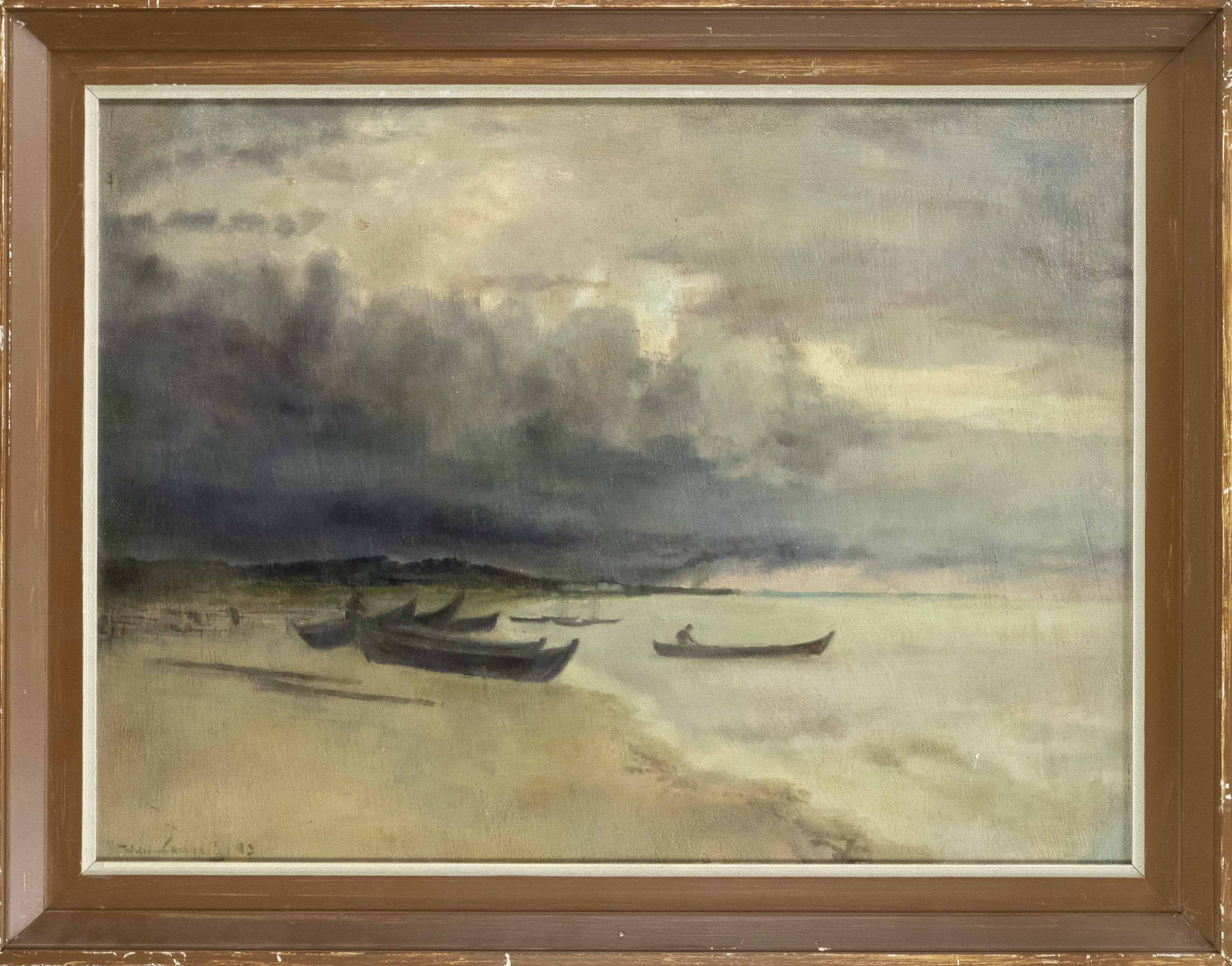 Unidentified painter 1st h. 20th c., Fisherman on the beach during a storm, oil on cardboard over