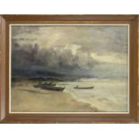 Unidentified painter 1st h. 20th c., Fisherman on the beach during a storm, oil on cardboard over
