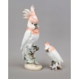 Two cockatoos on branches, Royal Dux, 20th century, both lightly polychrome painted, bisque, h. 17