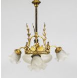 Ceiling lamp, late 19th century Ornamented brass wreath on 3 curved stems on a long shaft with