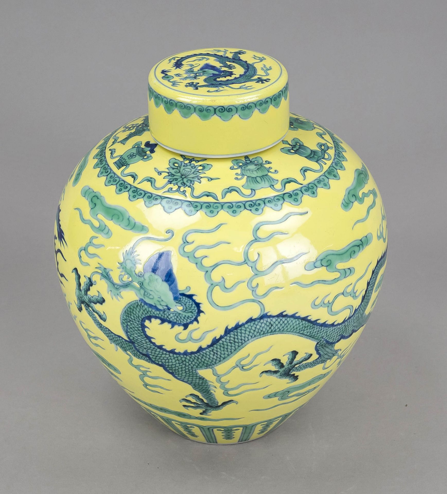 Yellow-ground lidded pot with dragon, China probably late Qing. Decorated all around and on the