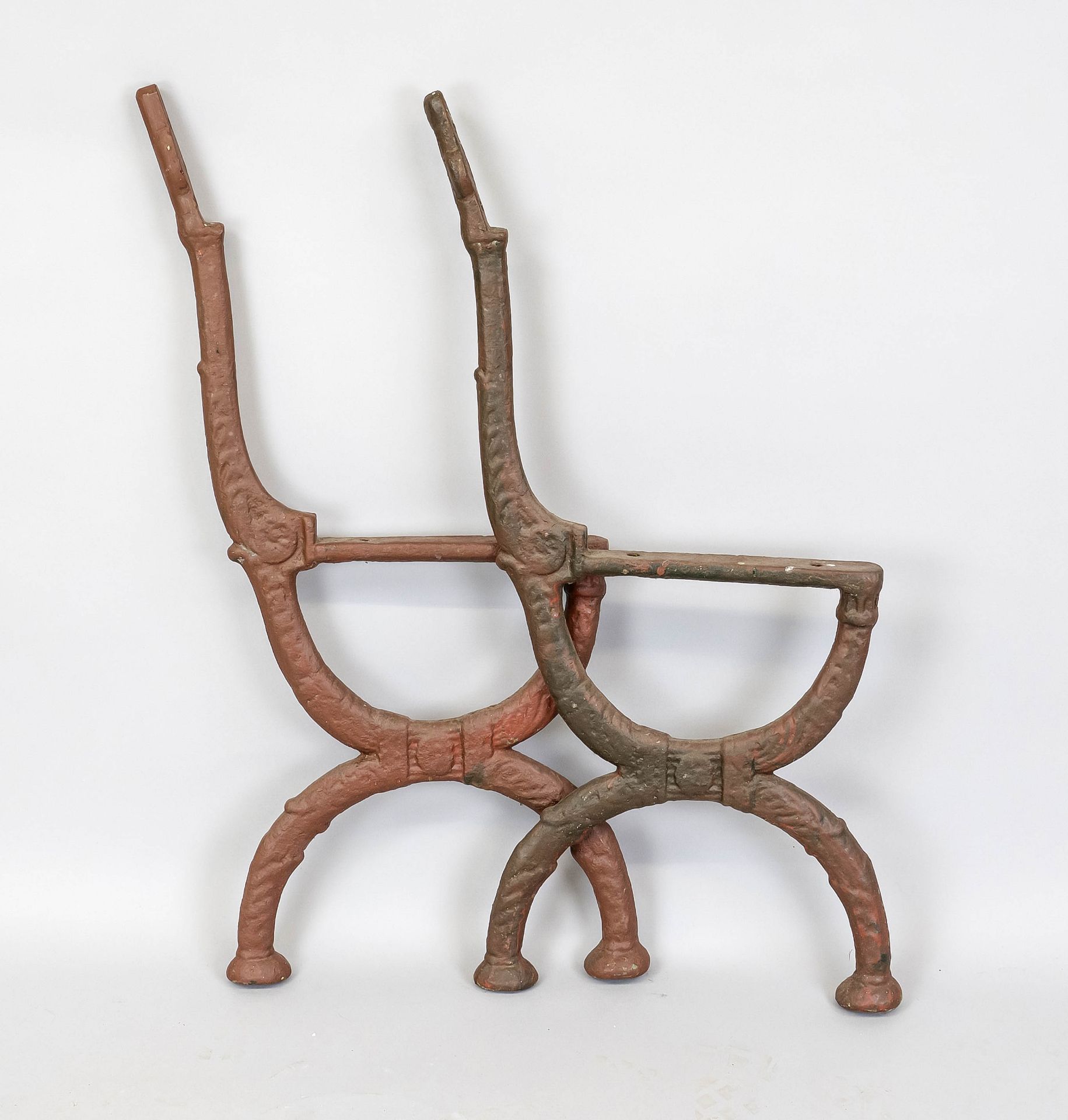 Frame for a garden bench, 19th/20th century, cast iron painted red-brown, rubbed, h. backrest 79 cm