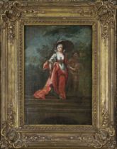 Anonymous Rococo artist, 18th century, crowned lady with umbrella descending a staircase, oil on