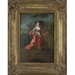 Anonymous Rococo artist, 18th century, crowned lady with umbrella descending a staircase, oil on