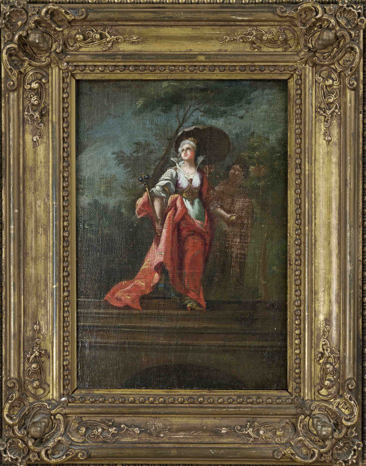 Anonymous Rococo artist, 18th century, crowned lady with umbrella descending a staircase, oil on