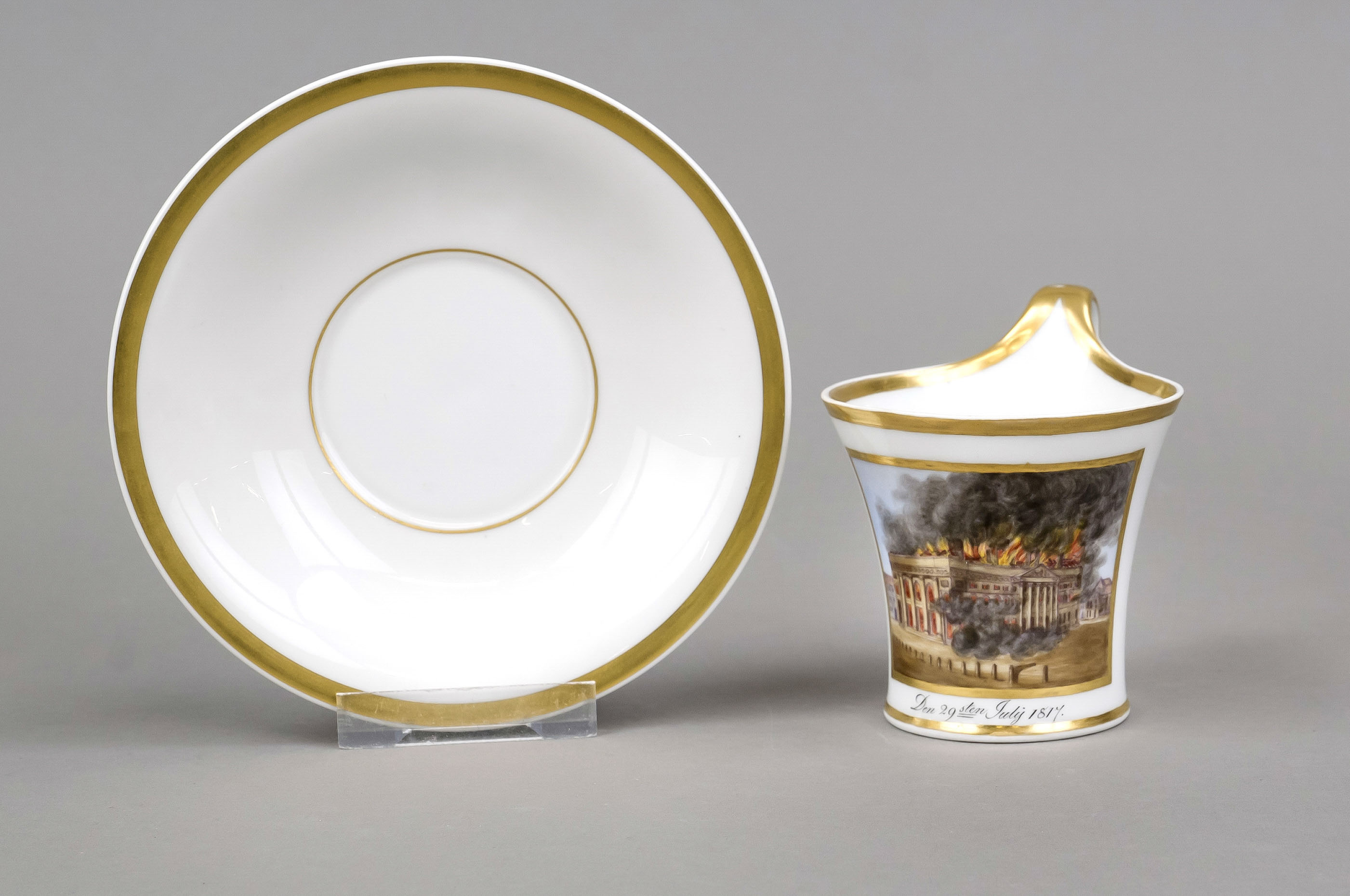 A Berlin view cup with saucer, KPM Berlin, mark d. Cup 1820-30, 1st choice, UT 1962-92, 1st