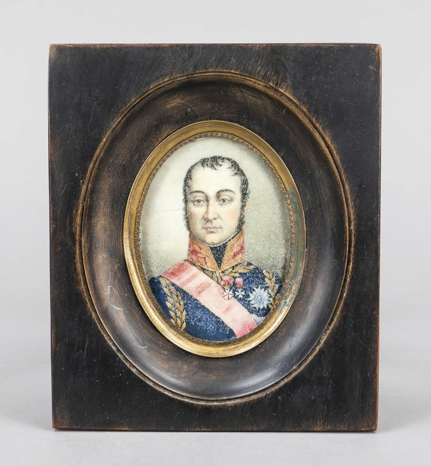 Oval miniature, French, 19th century, polychrome tempera painting on bone plate. Marshal Oudinot (