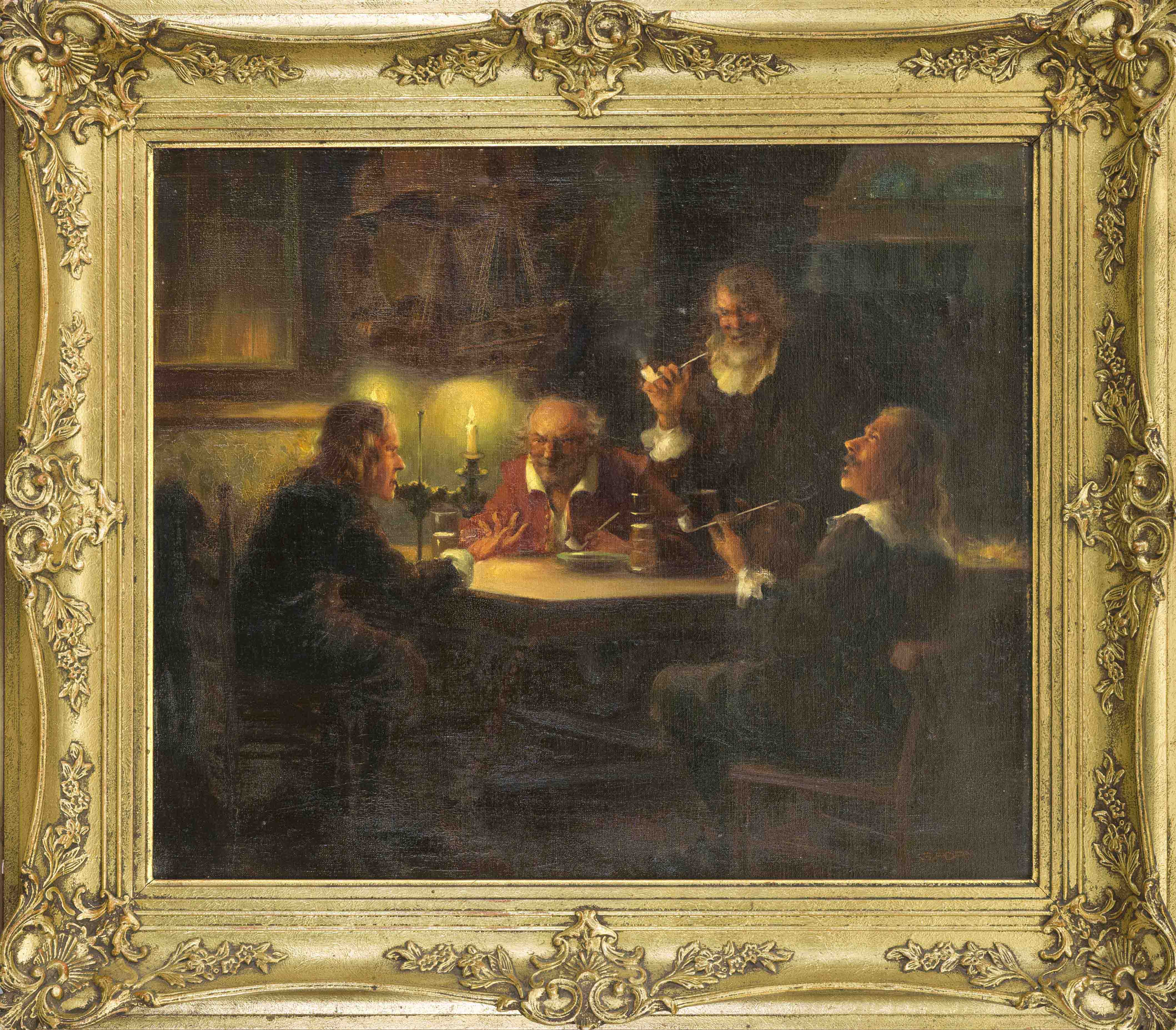 E. Adam, genre painter mid 20th century, conspiratorial group of men in the style of the 17th