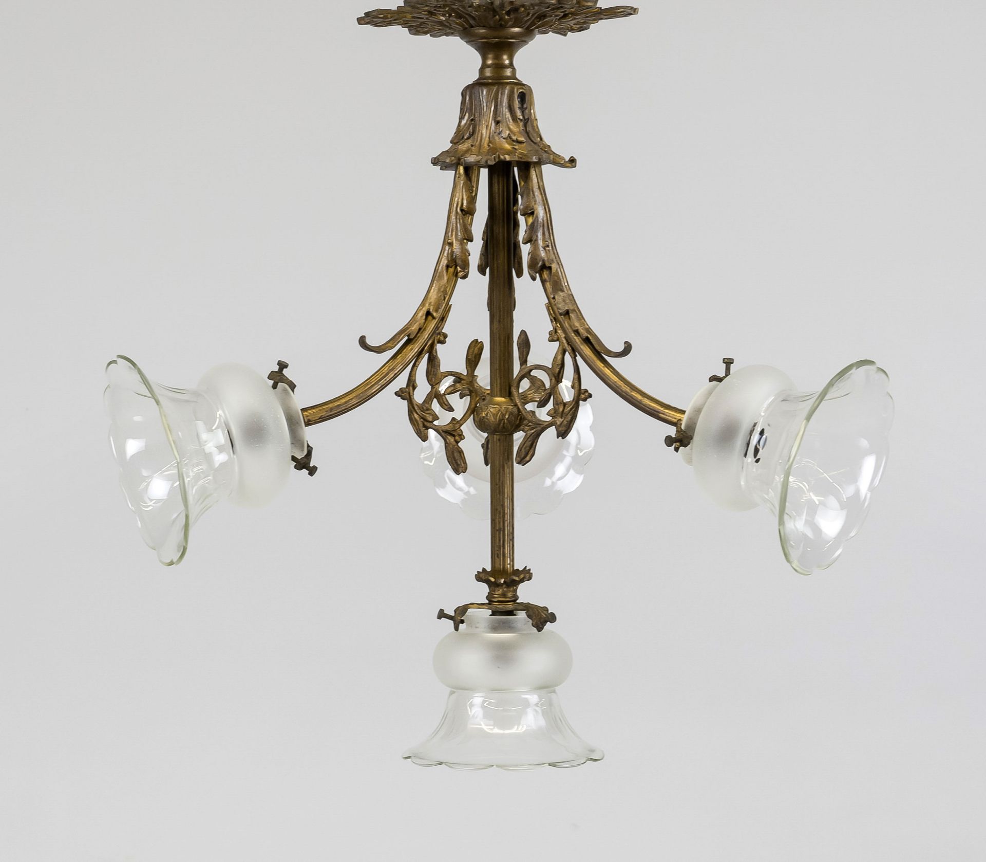 Ceiling lamp, late 19th century, 4 perennial shafts with foliage overlay. Flower-shaped shades of - Image 2 of 2