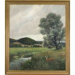 Peter Paschen (1873-?), Landscape with Deer by a Stream, oil on canvas over hardboard, signed