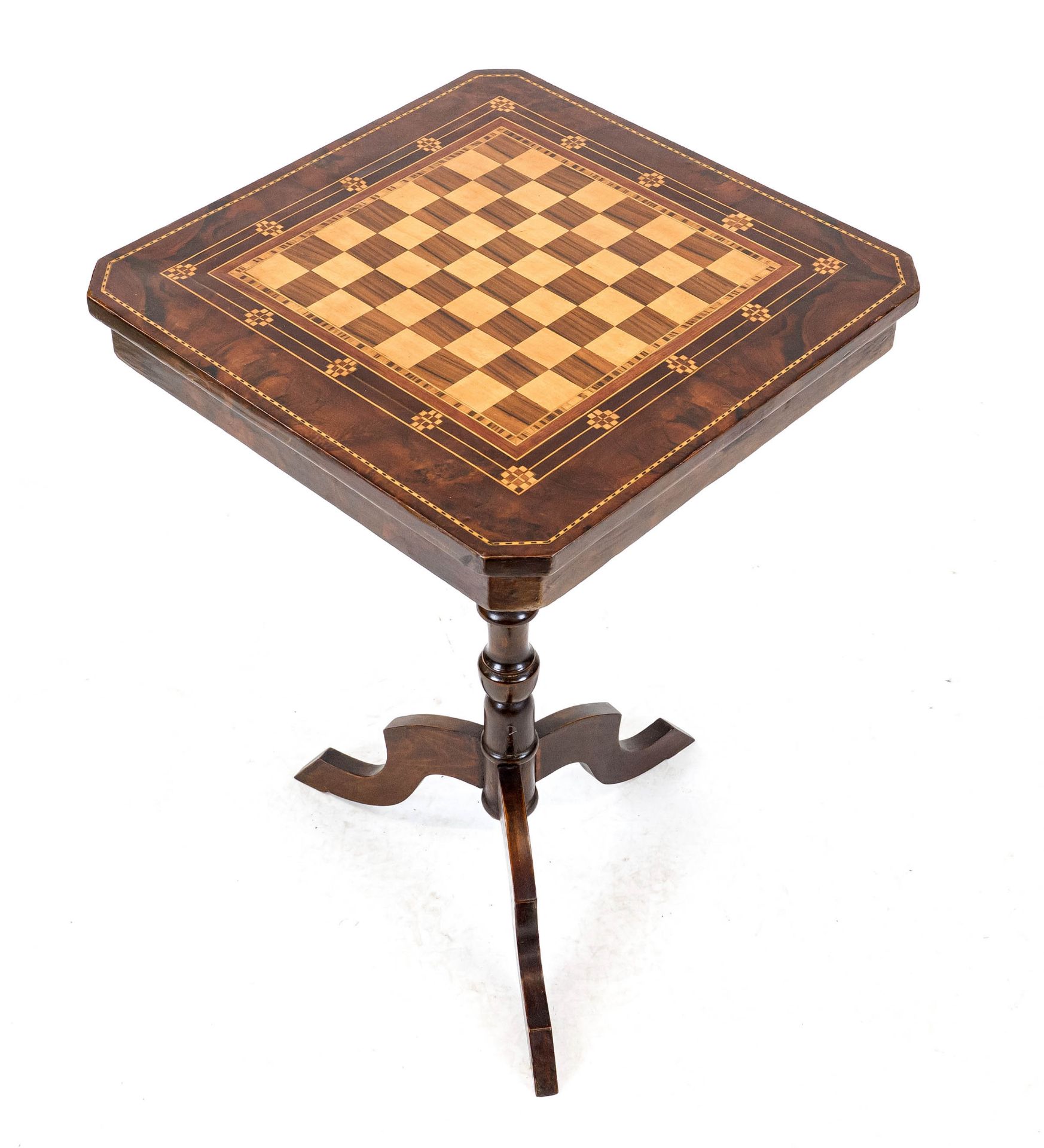 Chess table in Wilhelminian style, 20th century, walnut and other precious woods, top with