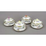 Four soup cups with lids and saucers, Herend, mark after 1967, Ozier shape, Voctoria decoration,