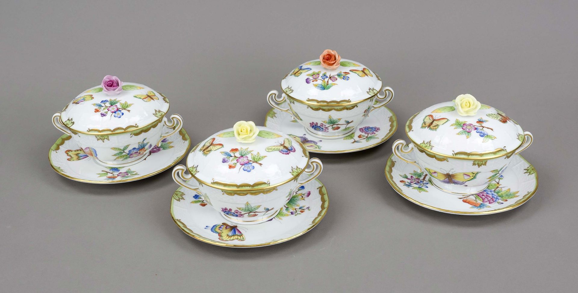 Four soup cups with lids and saucers, Herend, mark after 1967, Ozier shape, Voctoria decoration,