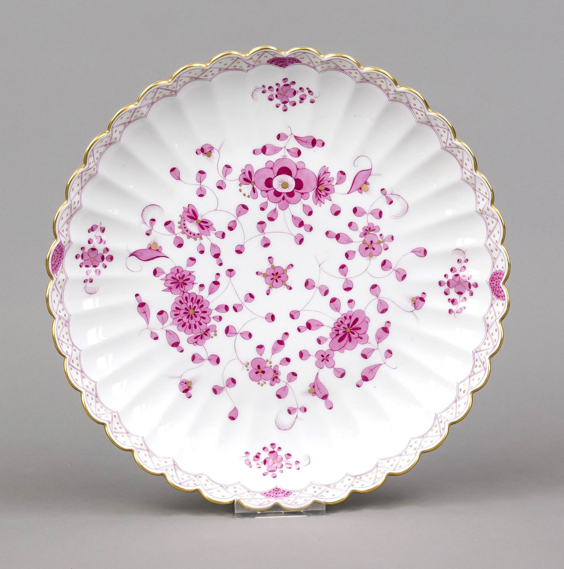 Fan plate, Meissen, mark 1972-80, 1st choice, Indian purple decor, ornamental gilding, Ø 28 cm