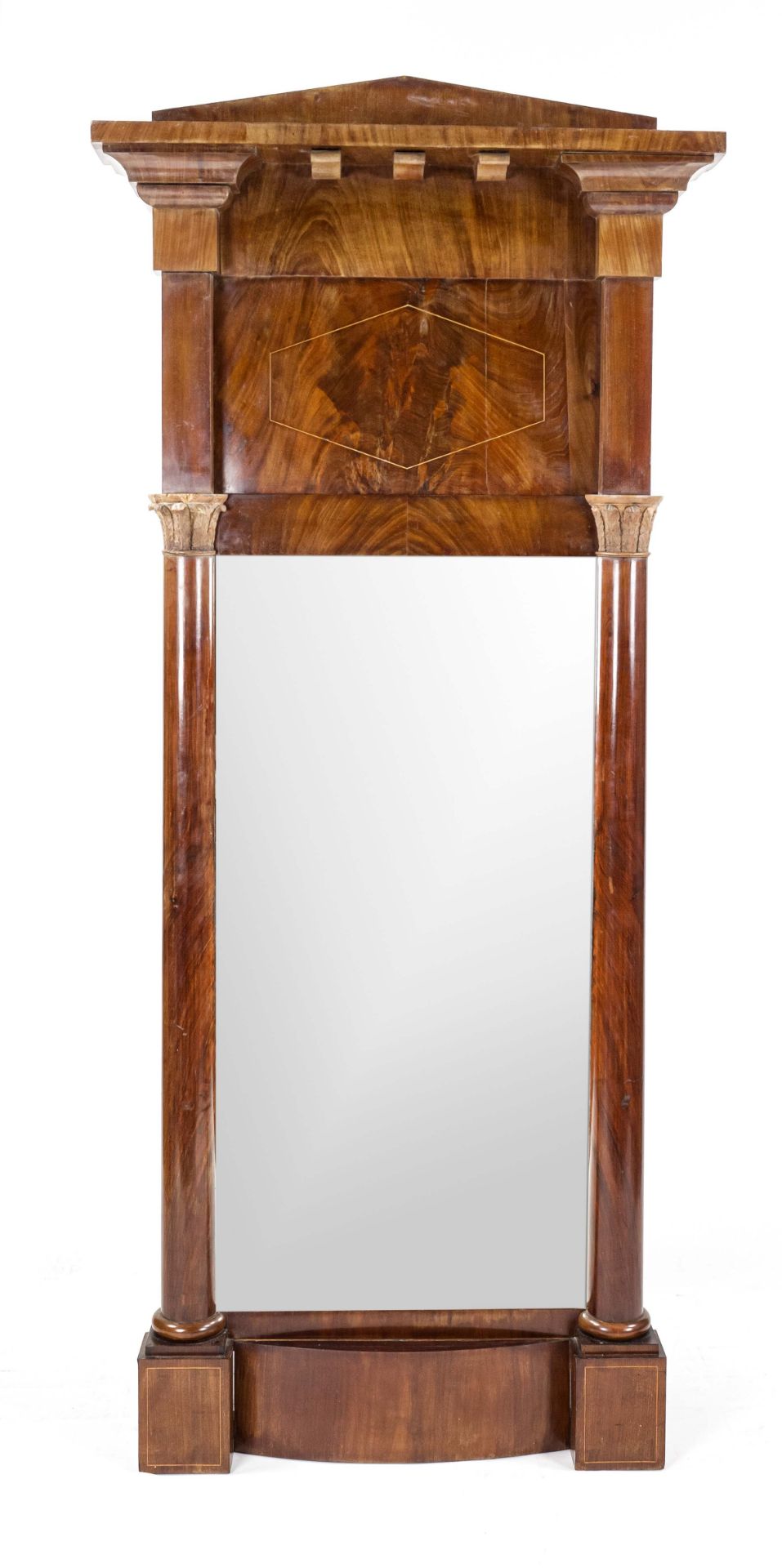 Biedermeier wall mirror, early 19th century, mahogany with thread inlay, flanked by 2 full columns