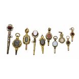 10 antique pocket watch keys, 19th century, with various turning stones such as carnelian,