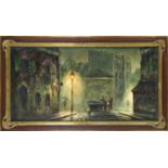 signed König, mid-20th century, Nocturnal street scene with carriage in the light of a lantern,