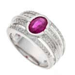Ruby-brilliant ring GG 750/000 with a very good oval faceted ruby 1.30 ct in an intense raspberry