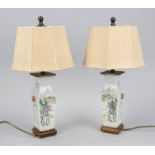 A pair of square vases mounted as lamps, China, late Qing. All sides painted opposite each other