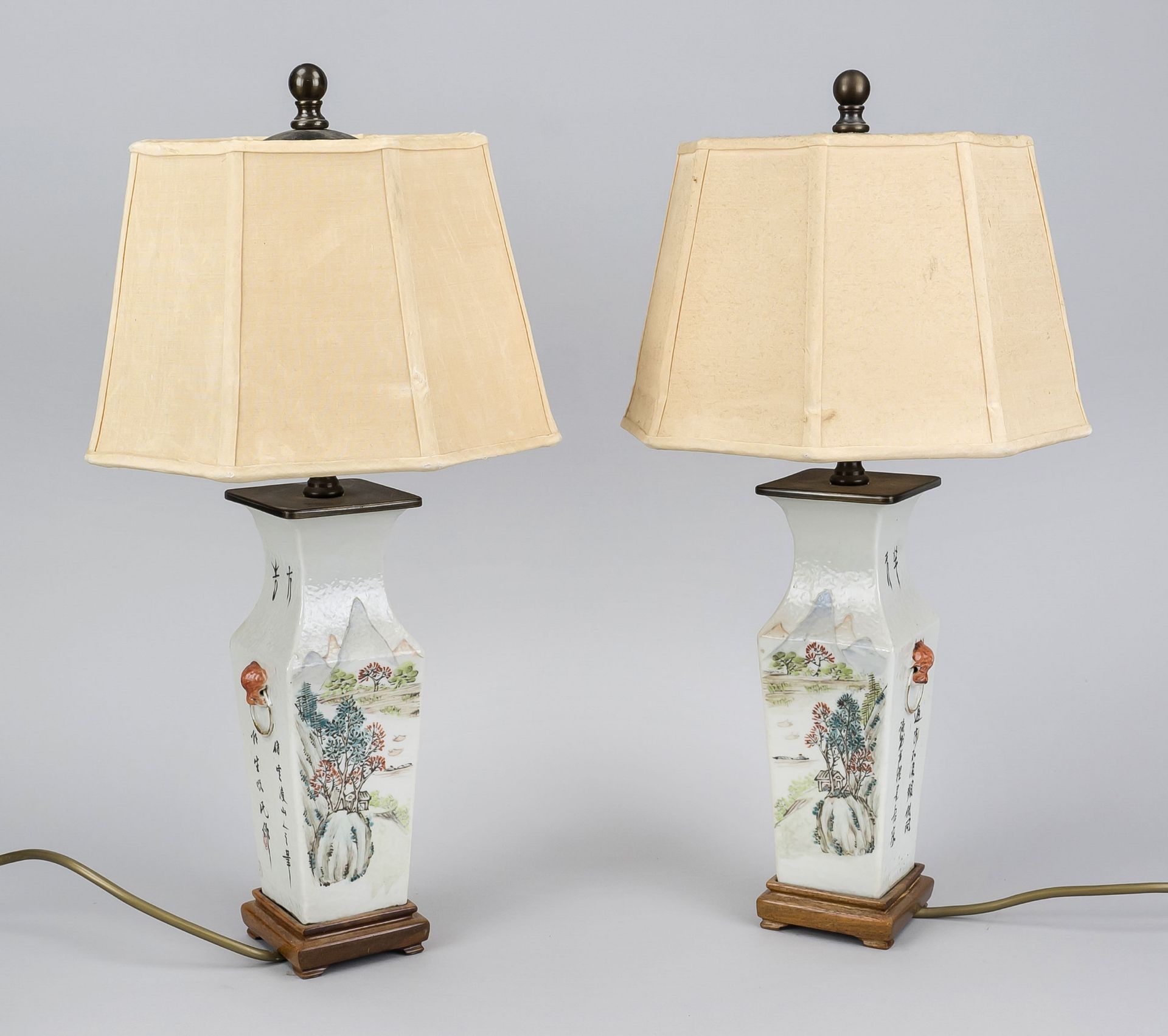 A pair of square vases mounted as lamps, China, late Qing. All sides painted opposite each other