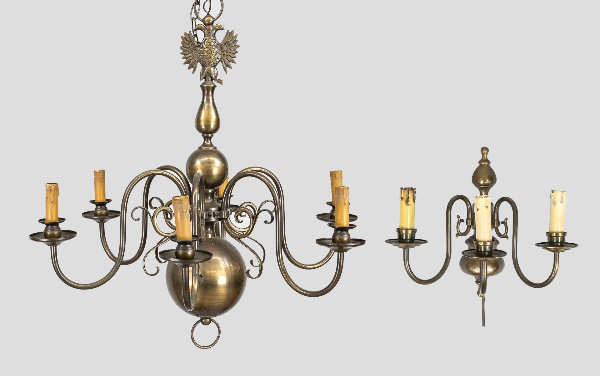 Lamp set, 1st half 20th century, consisting of a ceiling chandelier with 6 curved arms and candle