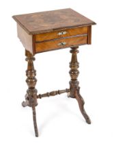 Handcrafted/sewing table, circa 1880, walnut, frame with drawer and hinged lid, various lidded and