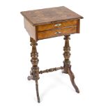 Handcrafted/sewing table, circa 1880, walnut, frame with drawer and hinged lid, various lidded and