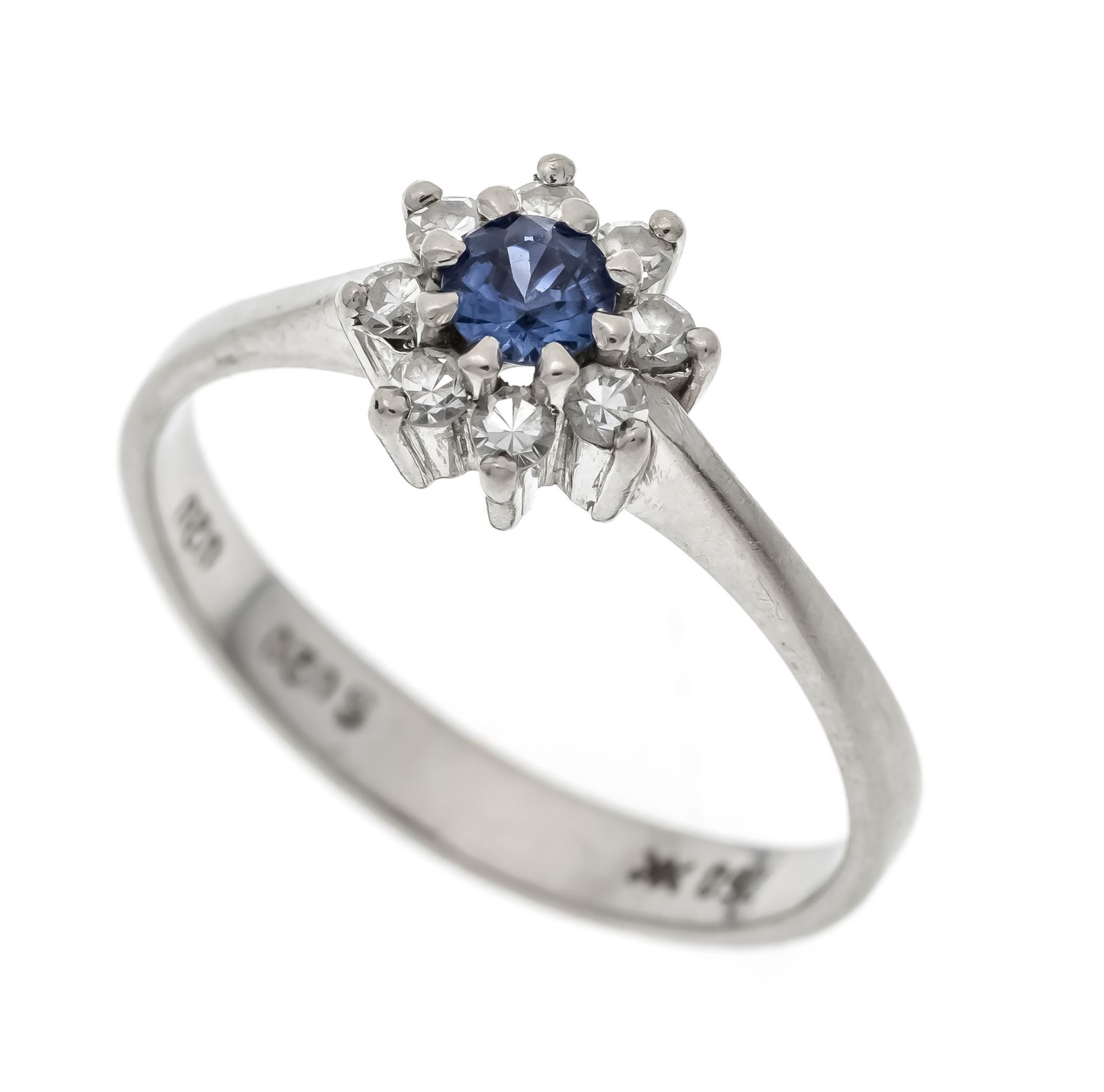 Sapphire diamond ring WG 750/000 with a round faceted sapphire 3.6 mm lighter slightly reddish blue,