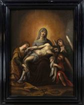 Devotional painting of the 18th century, large Pietá with angels and donor figure, oil on wood,