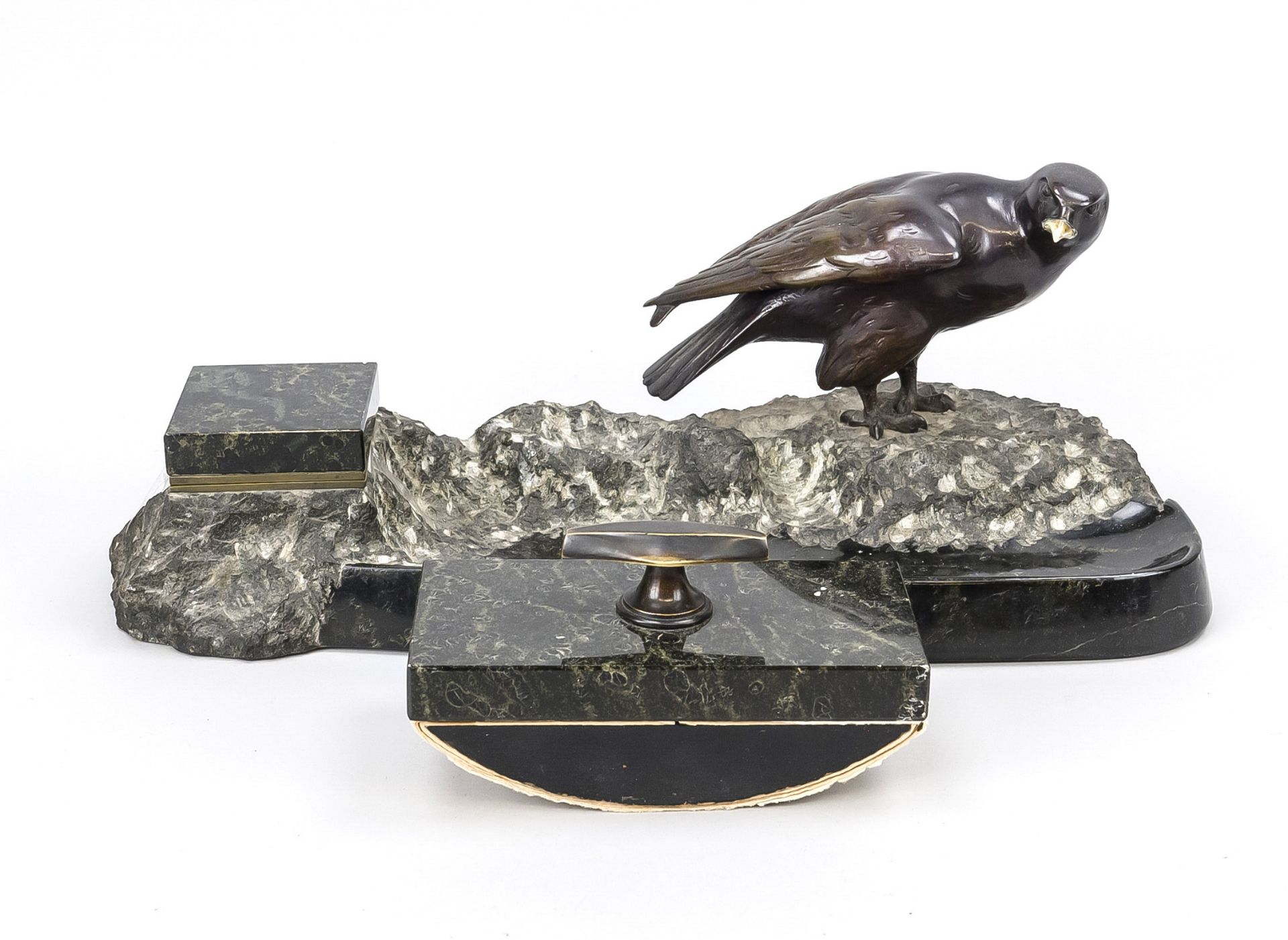 Desk set, circa 1900, 2 pieces, very dark, green veined marble, partly finely polished, partly