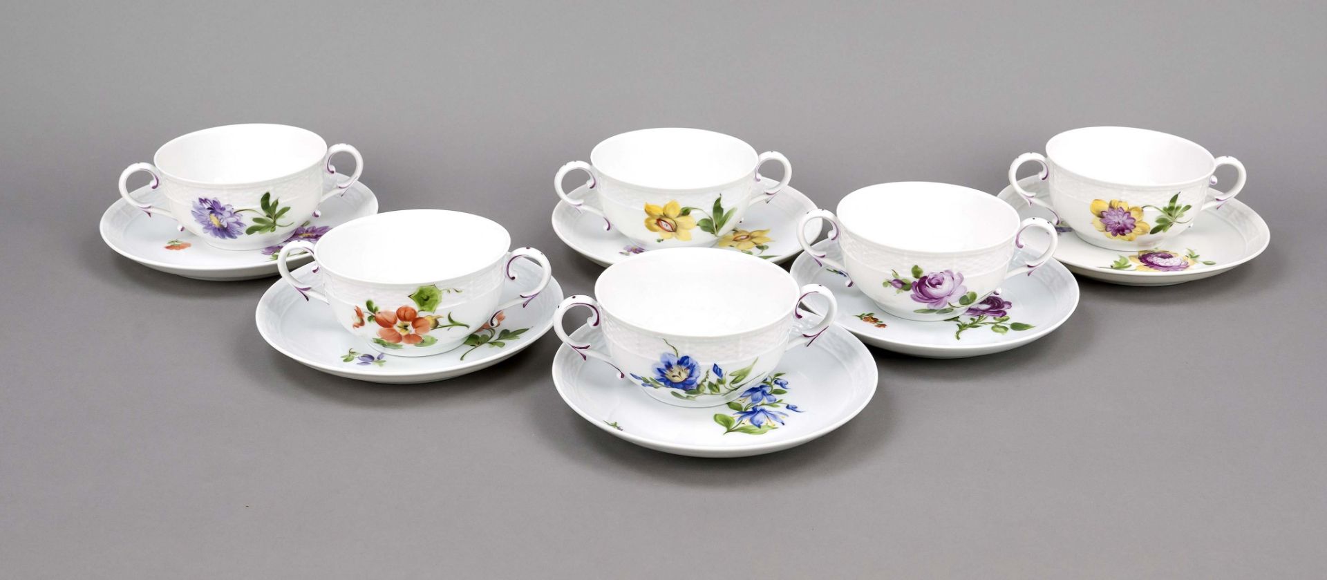 Six soup bowls with saucers, Nymphenburg, mark 1925-75, wicker relief rim, polychrome floral