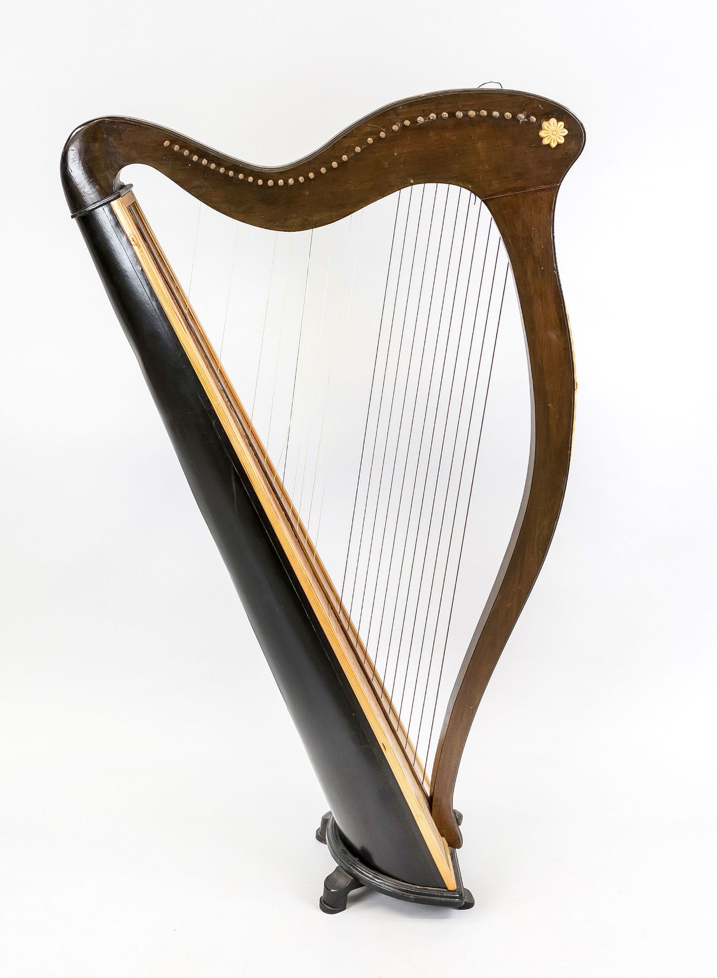 Harp, probably 1st half 20th century, various woods, stringing defective, rubbed & slightly