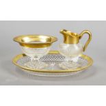 Cream and sugar jug on oval tray, 20th century, vessels on square plinth, bulbous body, tray with