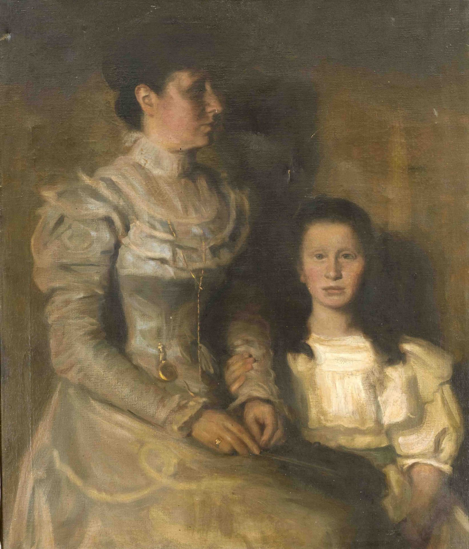 Konstantin Korzendörfer (1862-?), Czech painter, double portrait of a mother and daughter, oil on