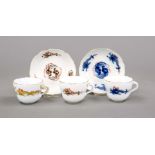 3 demitasse cups with 2 saucers, Meissen, 20th century, 1st choice, New Cut-out shape, polychrome